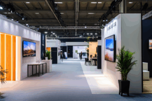tradeshow hall- businesses with booths and vinyl signage